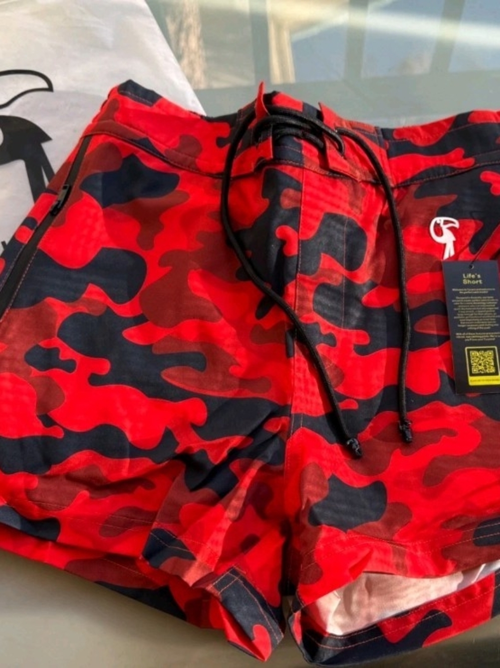 Tucann Men's 3" Small Red Camo Swim Board Shorts with Black Accents